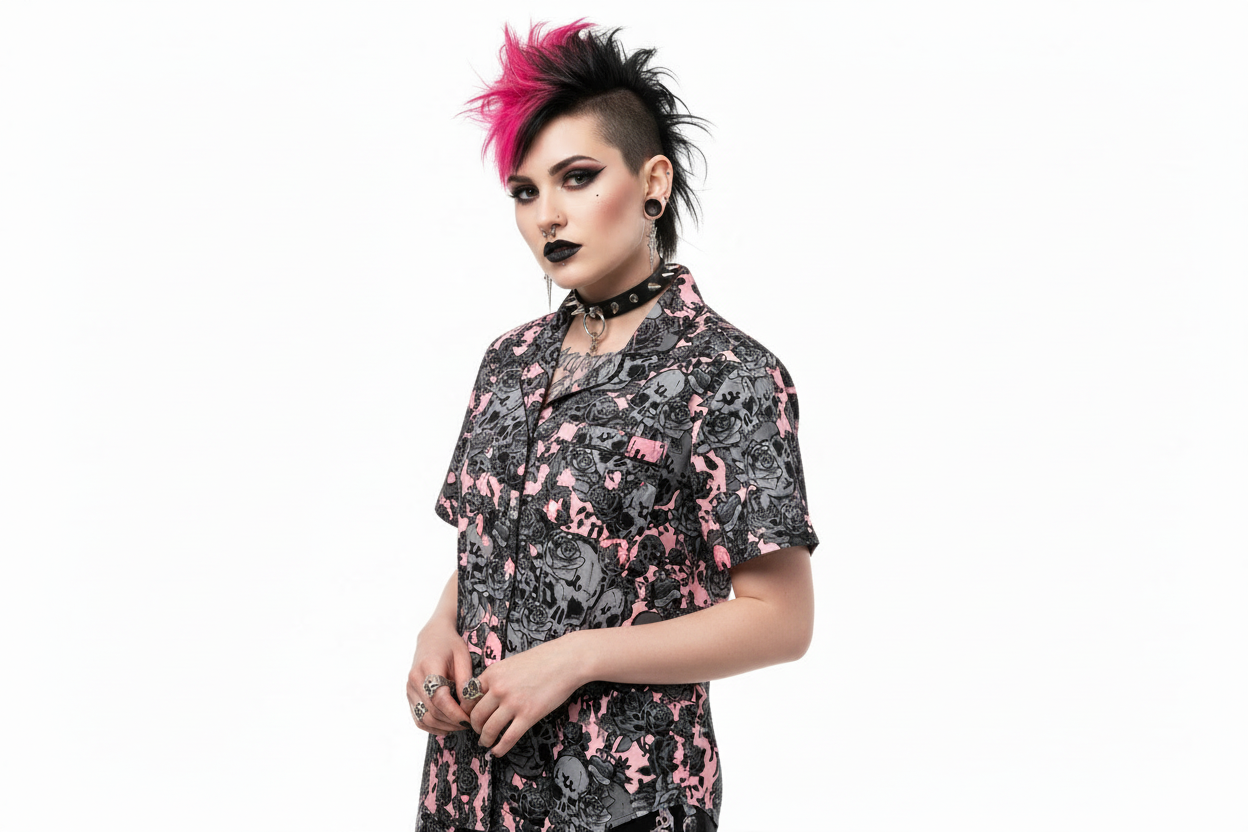 DARK URCHIN SKULL STORM 'CORAL' women’s short sleeve pajama top.