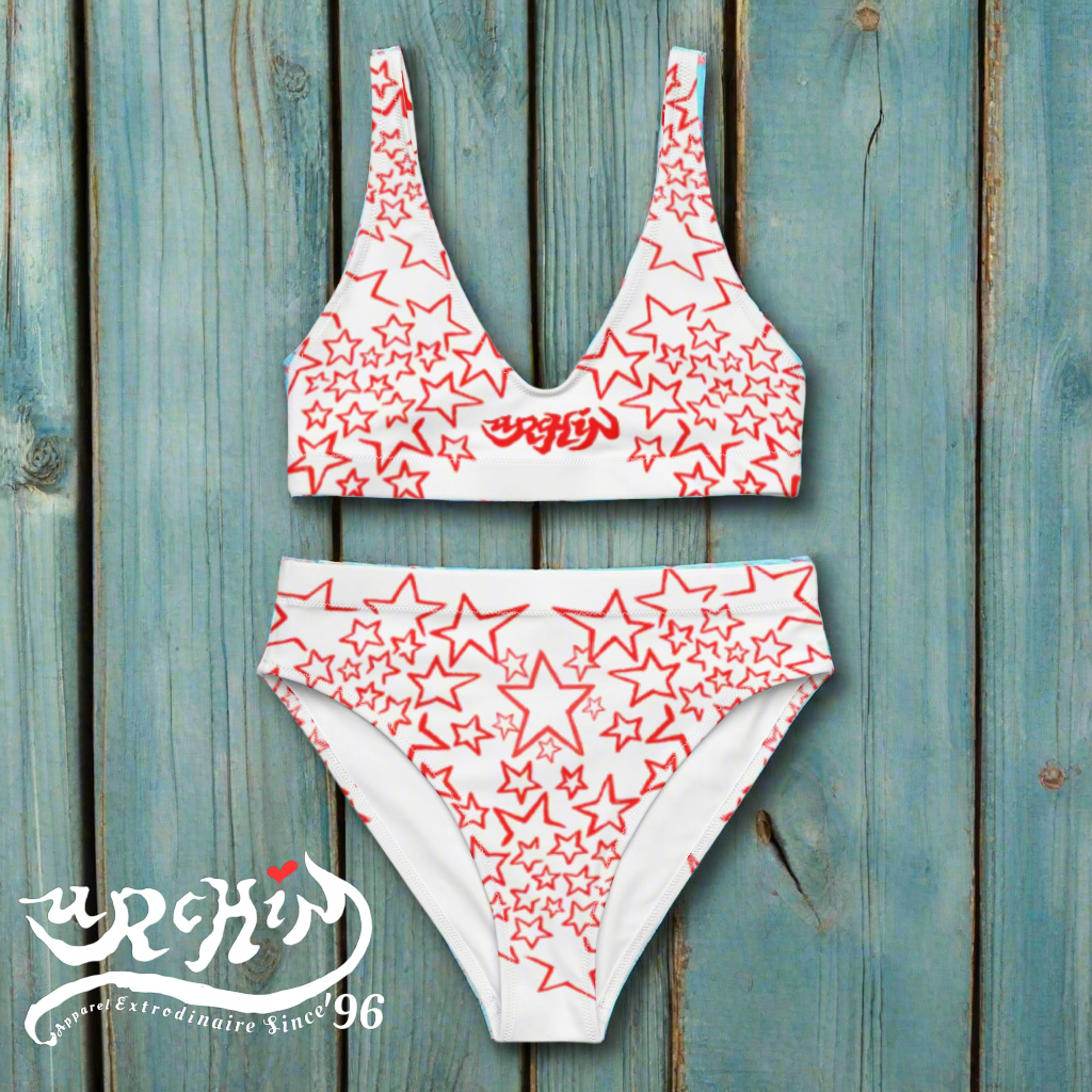URCHIN Clothes & Swimwear. 'STARS' Red on White. Recycled high-waisted bikini. Choice of Sizes.