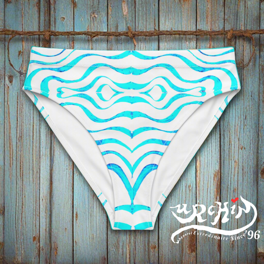 URCHIN Clothes & Swimwear. 'TATTOO WAVE' BLUE. Recycled high-waisted bikini bottom