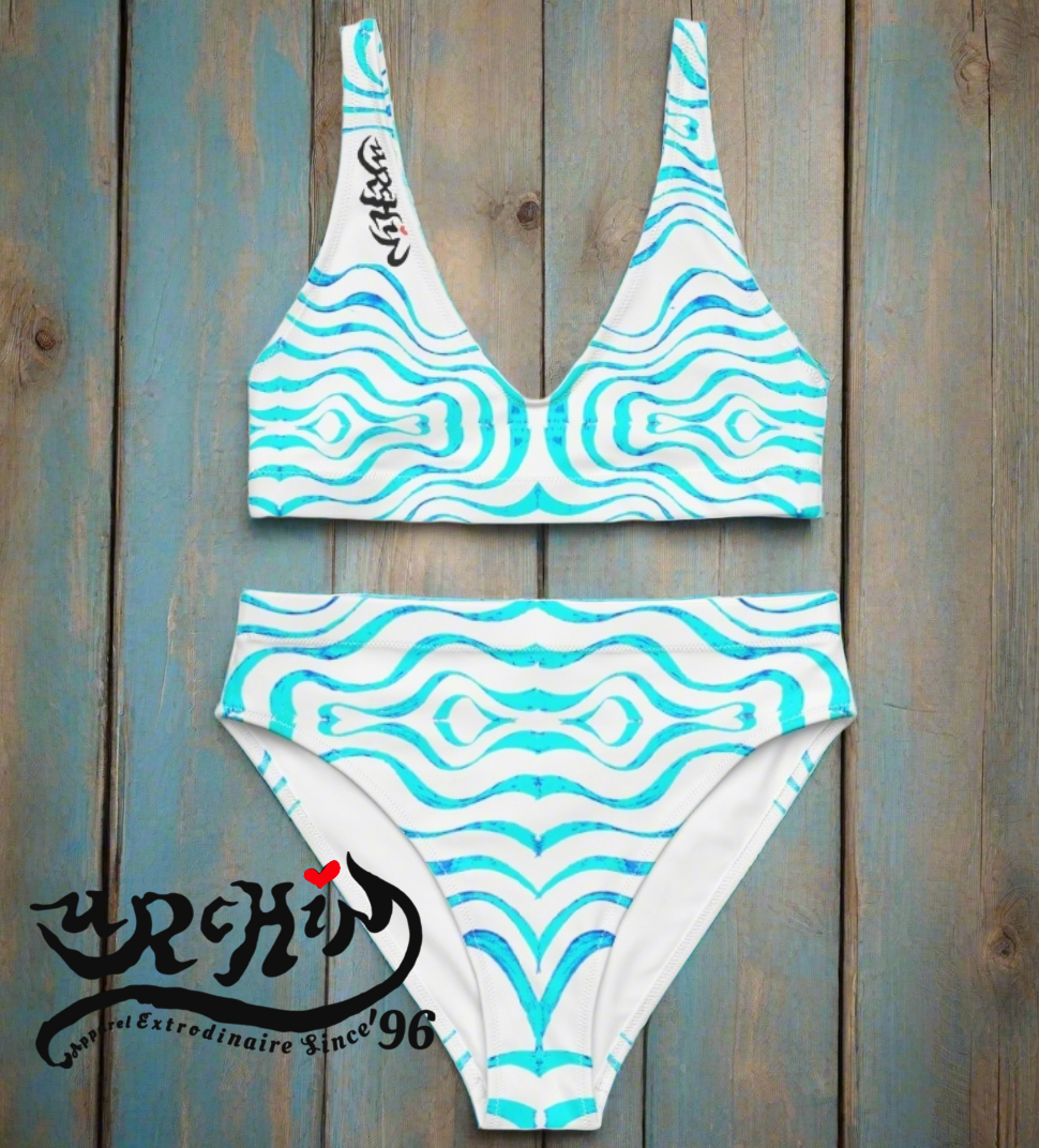 URCHIN Clothes & Swimwear. 'TATTOO WAVE' BLUE. Recycled high-waisted bikini.