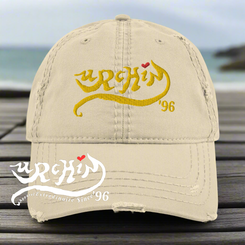 URCHIN Headwear 'Urchin 96' Logo- Baseball Cap. Gold Logo. Lightly Distressed. Embroidered front and side Design. Choice of Colours.