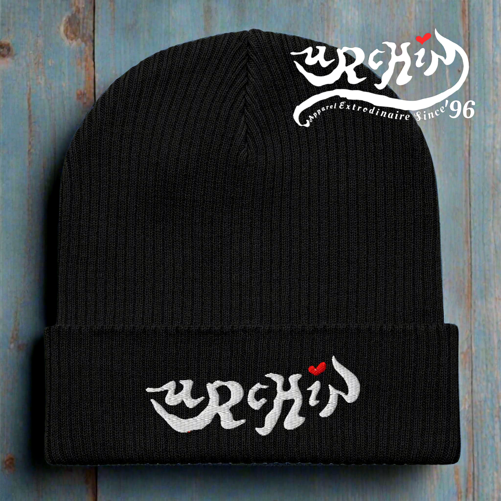URCHIN Headwear. Urchin Logo, Organic Cotton Ribbed Beanie. Seven colours option. One Size.