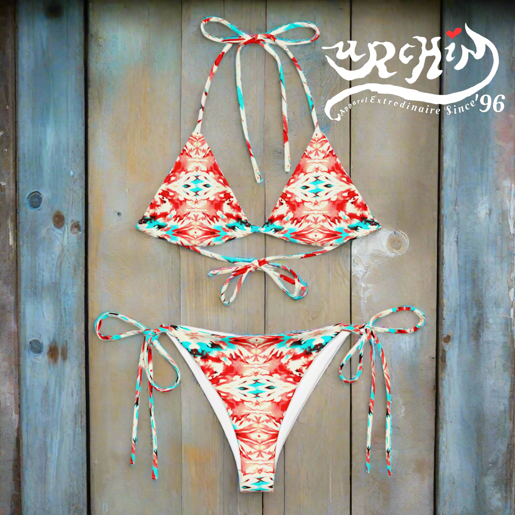 URCHIN Clothes & Swimwear. 'CORAL SEA' Red and Blue Tie Dye. Recycled String Bikini. Choice of Sizes.