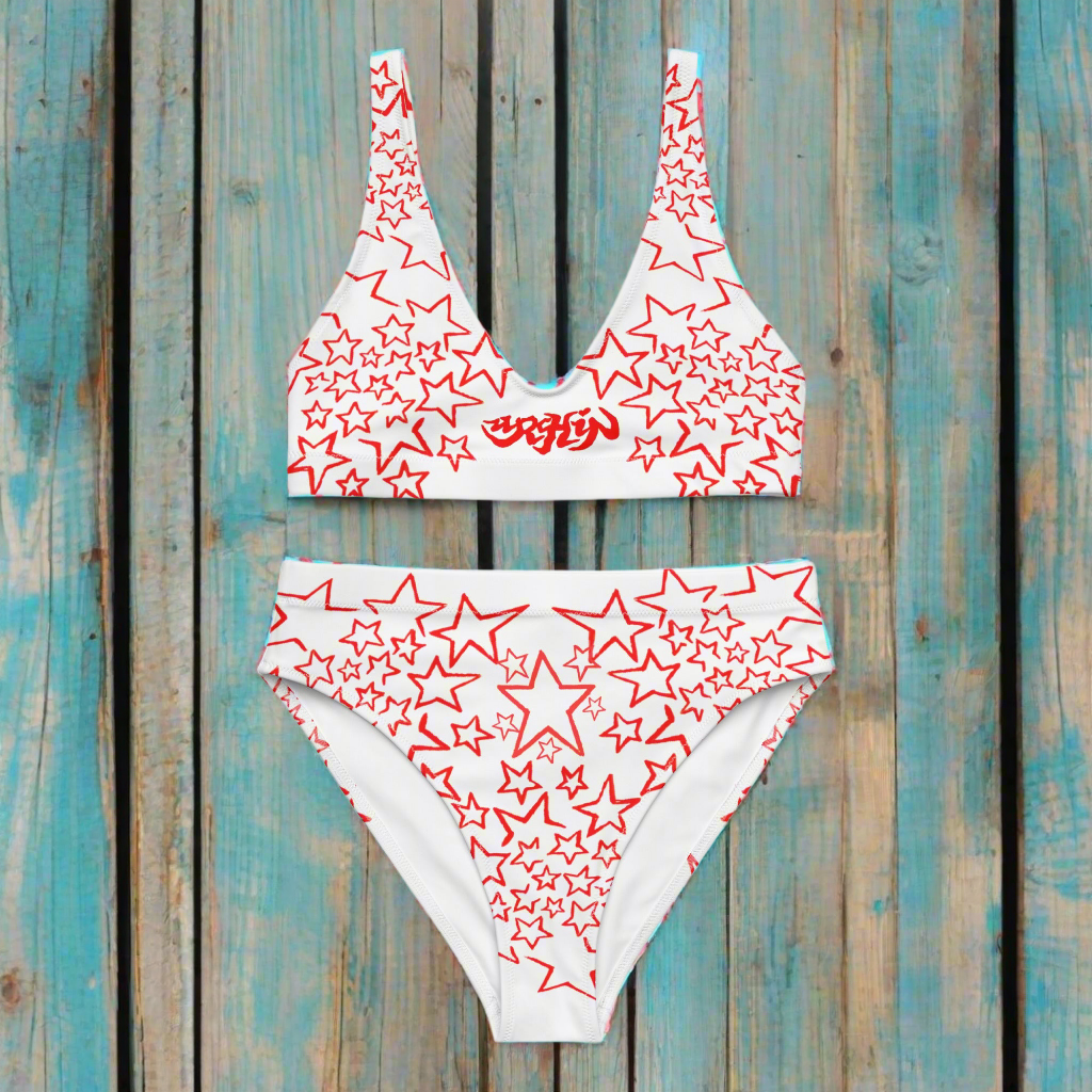 URCHIN Clothes & Swimwear. 'STARS' Red on White. Recycled high-waisted bikini. Choice of Sizes.
