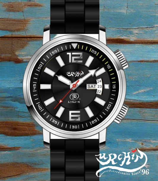 URCHIN Accessories & Watches. Black 'RETRO DIVER' 'Urchin London' Logo Watch. Rubber Strap. *To Order only.