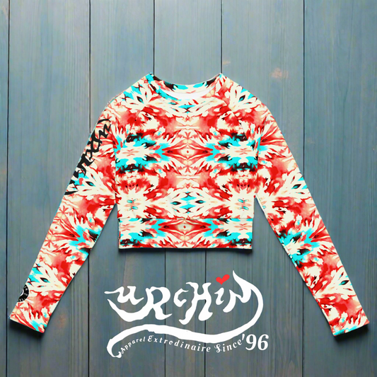 URCHIN Clothes & Sportswear 'CORAL SEA' Red and Blue Tie Dye Womens Recycled Long Sleeve Crop Top. Choice of Sizes.