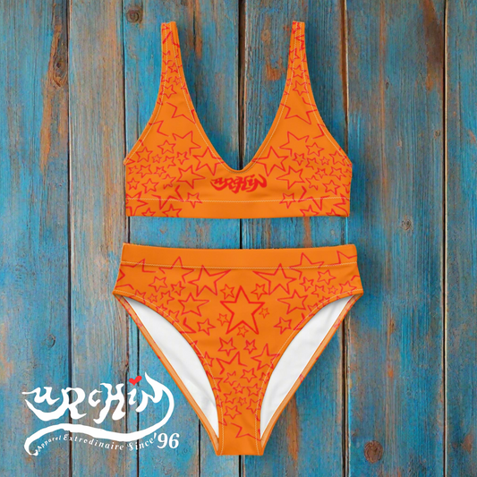URCHIN Clothes & Swimwear. 'U STAR' Red & Orange. Recycled high-waisted bikini. Choice of Sizes.