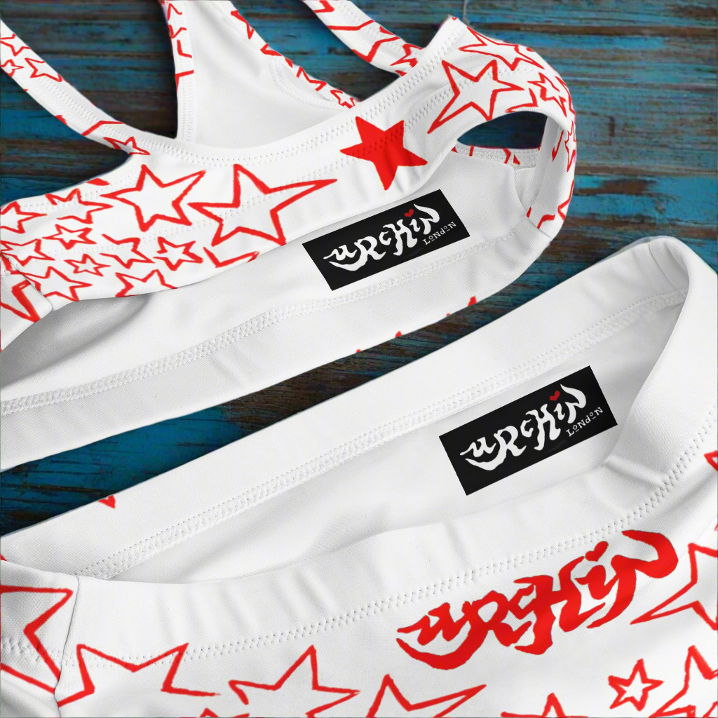 URCHIN Clothes & Swimwear. 'STARS' Red on White. Recycled high-waisted bikini. Choice of Sizes.