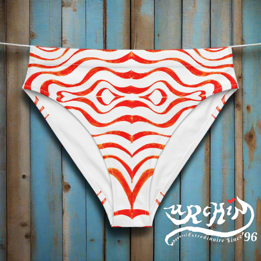 URCHIN Clothes & Swimwear. 'TATTOO WAVE' RED. Recycled high-waisted bikini bottom. Choice of Sizes.