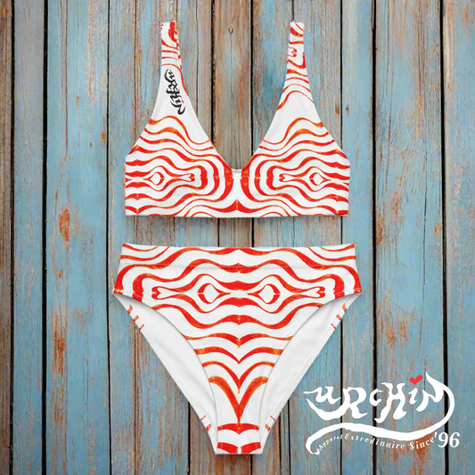 URCHIN Swimwear. 'TATTOO WAVE' Red. Recycled high-waisted bikini. Choice of Sizes.