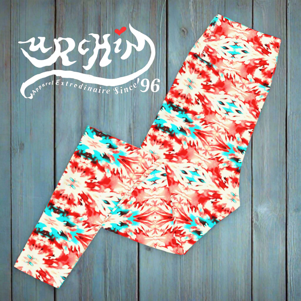 URCHIN Clothes & Sportswear 'CORAL SEA' Red and Blue Tie Dye. Yoga Leggings. Choice of Sizes.