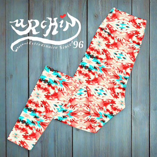 URCHIN Clothes & Sportswear 'CORAL SEA' Red and Blue Tie Dye. Yoga Leggings. Choice of Sizes.