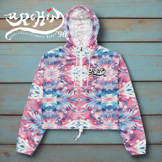 URCHIN Clothes & Sportswear 'CORAL SEA' Pink and Blue Tie Dye. Women’s cropped windbreaker. Choice of Sizes.