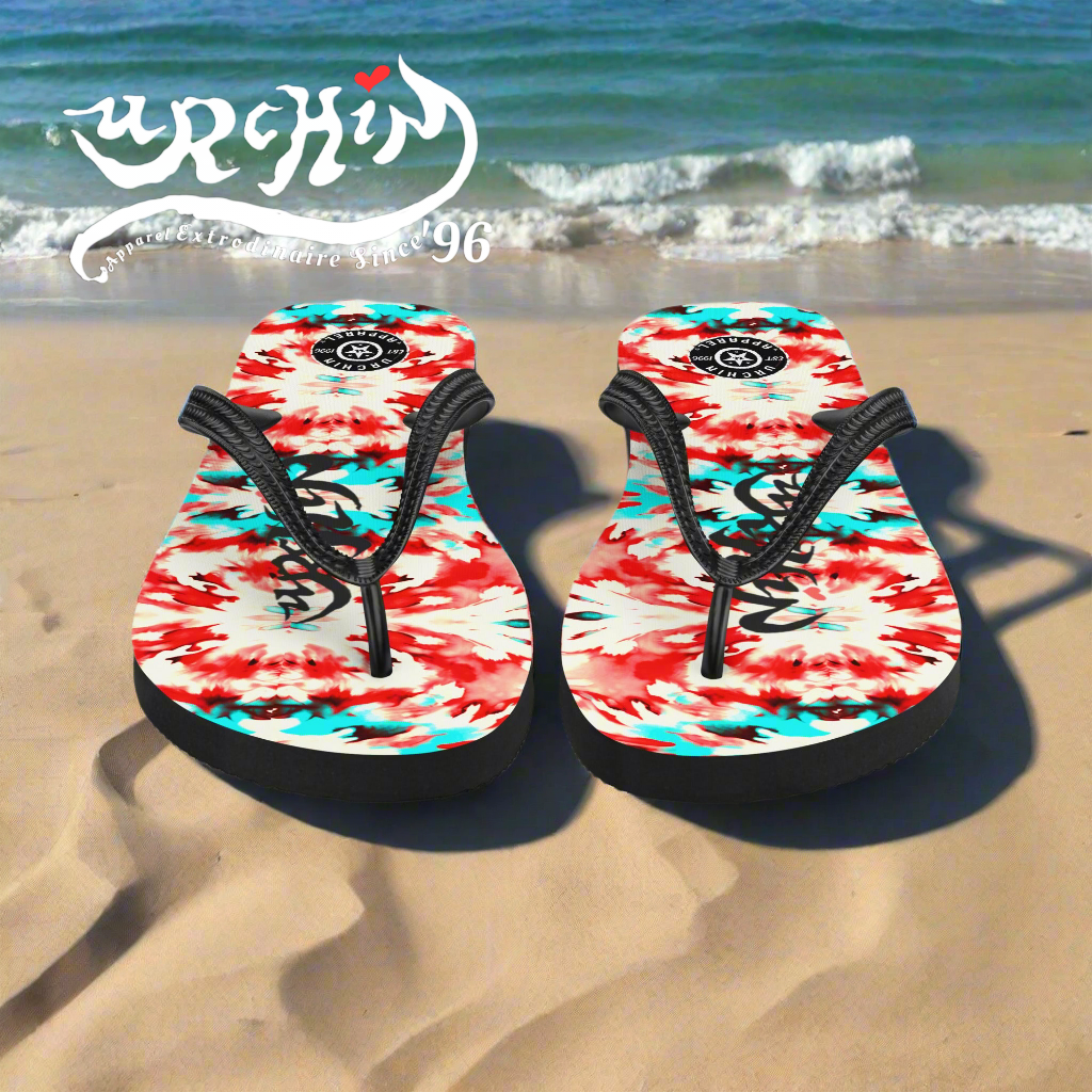 URCHIN Footwear. 'CORAL SEA' Red and Blue Tie Dye. Unisex Flip-Flops. Choice of Sizes.