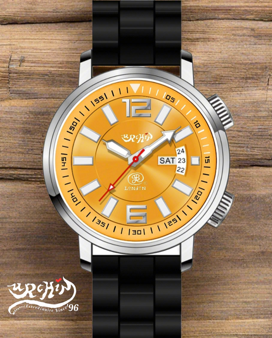 URCHIN Accessories & Watches. Orange 'RETRO DIVER' 'Urchin London' Logo Steel Watch. Rubber Strap. *To Order pnly.