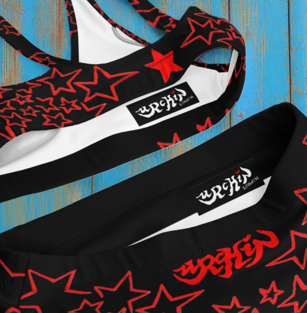 URCHIN Clothes & Swimwear. 'STAR FALL' Red on Black. Recycled padded bikini top. Choice of Sizes.