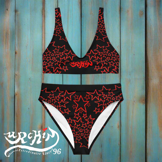 URCHIN Clothes & Swimwear. 'STAR FALL' Red on Black. Recycled padded bikini top. Choice of Sizes.