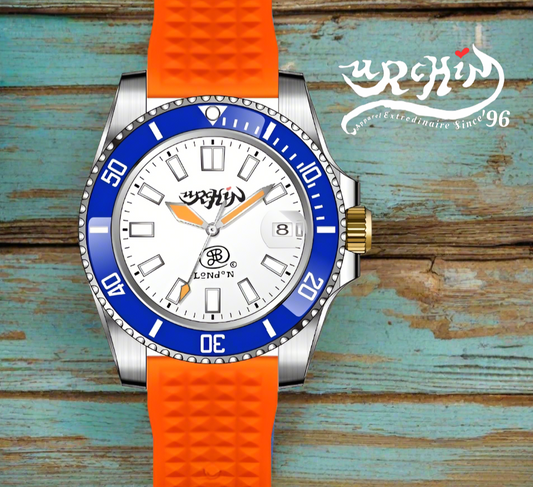 URCHIN Accessories & Watches. Limited Edition 'OYSTER DIVER' Blue & White 'Urchin London' Logo Watch. Orange Rubber Strap. *To Order only.