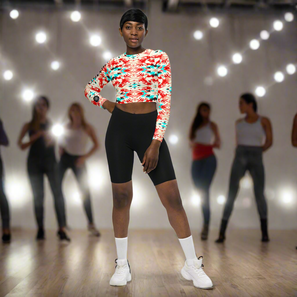 URCHIN Clothes & Sportswear 'CORAL SEA' Red and Blue Tie Dye Womens Recycled Long Sleeve Crop Top. Choice of Sizes.