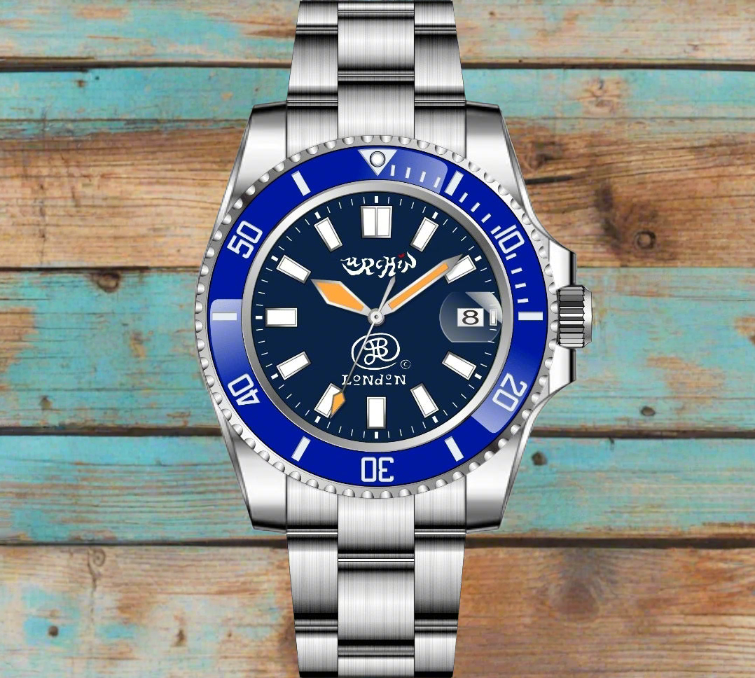 URCHIN Accessories & Watches. 'CRONOGRAPH DIVER' Blue & White 'Urchin London' Logo Watch. Steel Body and Strap. *To Order only.