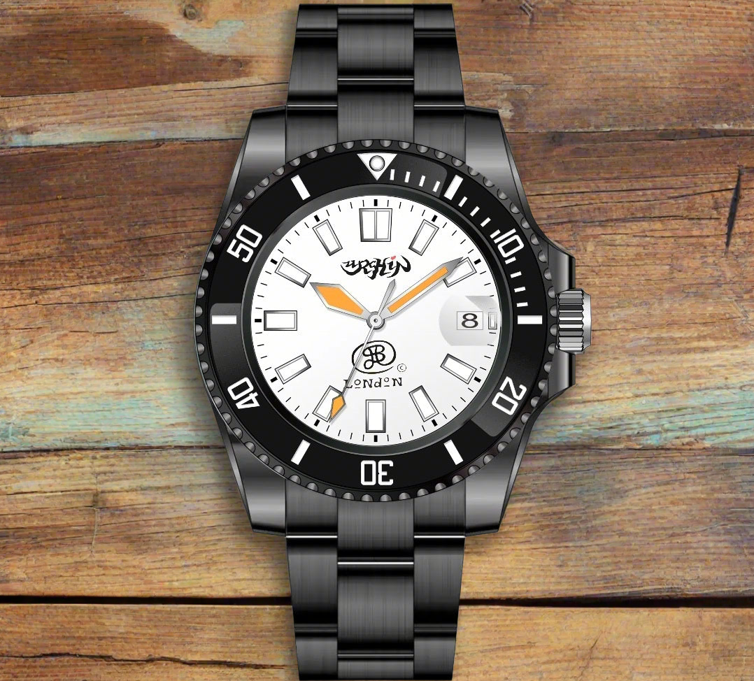 URCHIN Accessories & Watches. 'CRONOGRAPH DIVER' Black & White. 'Urchin' 'JSP London' Logos. Watch. Black Steel Body and Strap. *To Order only