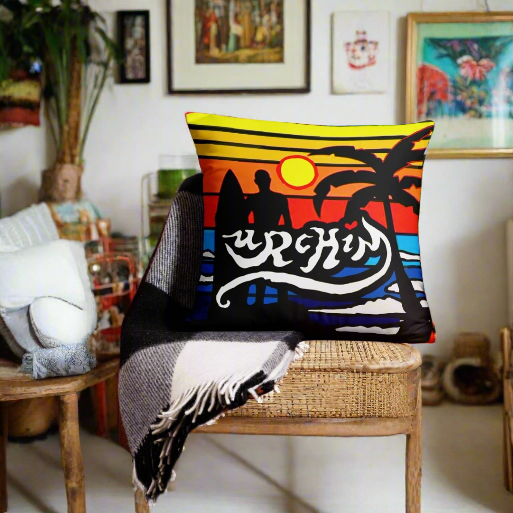 URCHIN Pillow-'Surfer Sunrise'. 'Surf, Party, Surf, Dance, Surf, Eat, Sleep, Repeat' Reverse Pillow ( medium size ).