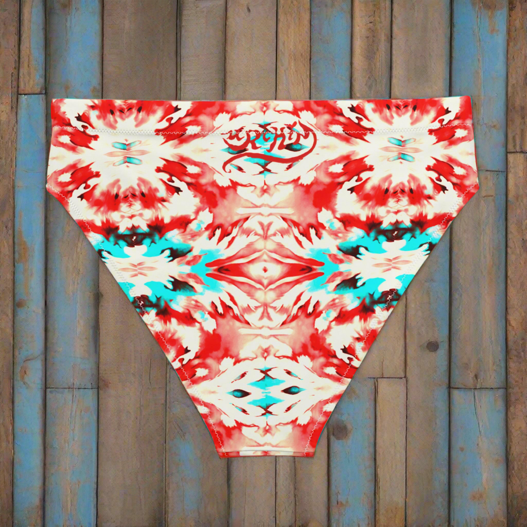 URCHIN Clothes & Swimwear. 'CORAL SEA' Red and Blue Tie Dye. Recycled High Waisted Bikini bottom. Choice of Sizes.