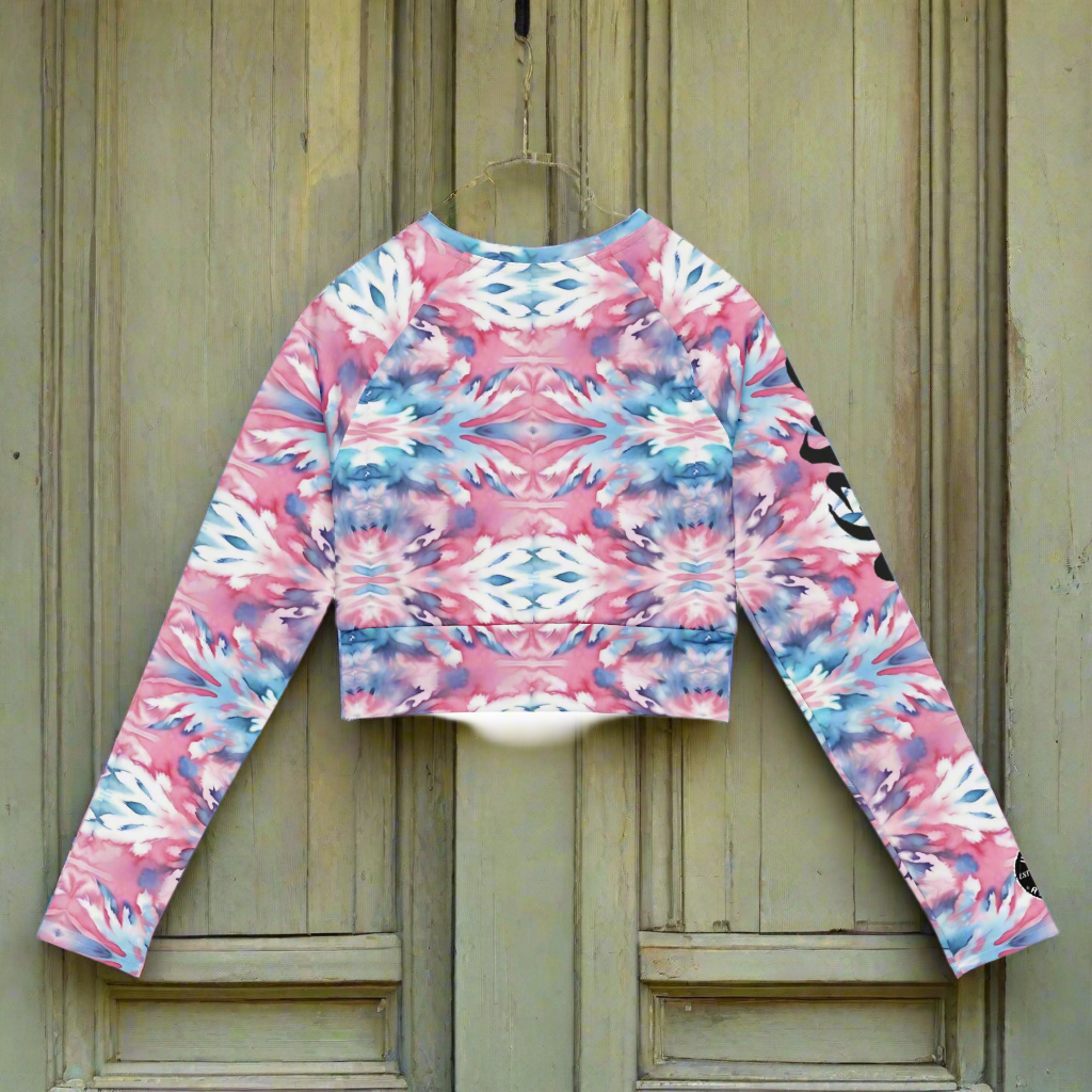 URCHIN Clothes & Sportswear 'CORAL SEA' Pink and Blue Tie Dye. Recycled Long-Sleeve Crop Top. Choice of Sizes.