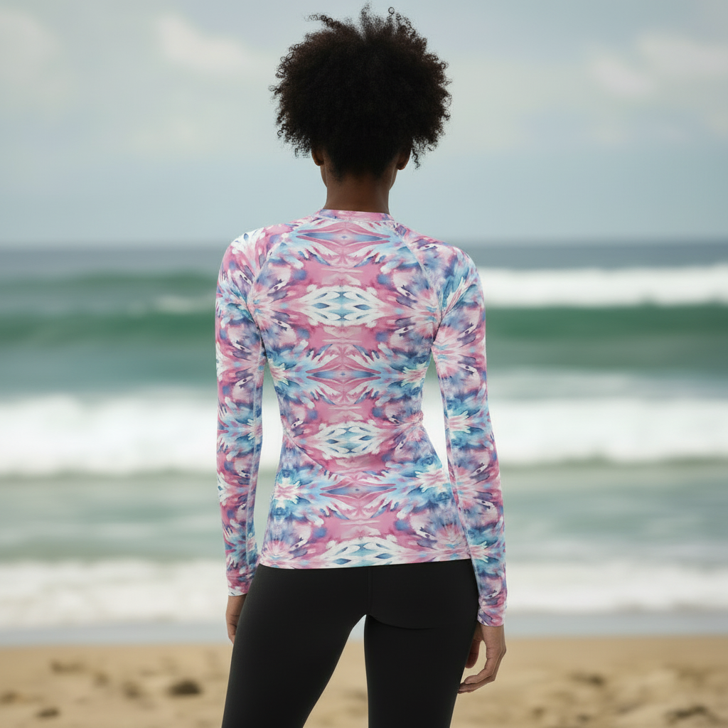 URCHIN-'CORAL SEA' Pink and Blue Tie Dye. Womens Rash Guard. Choice of Sizes.