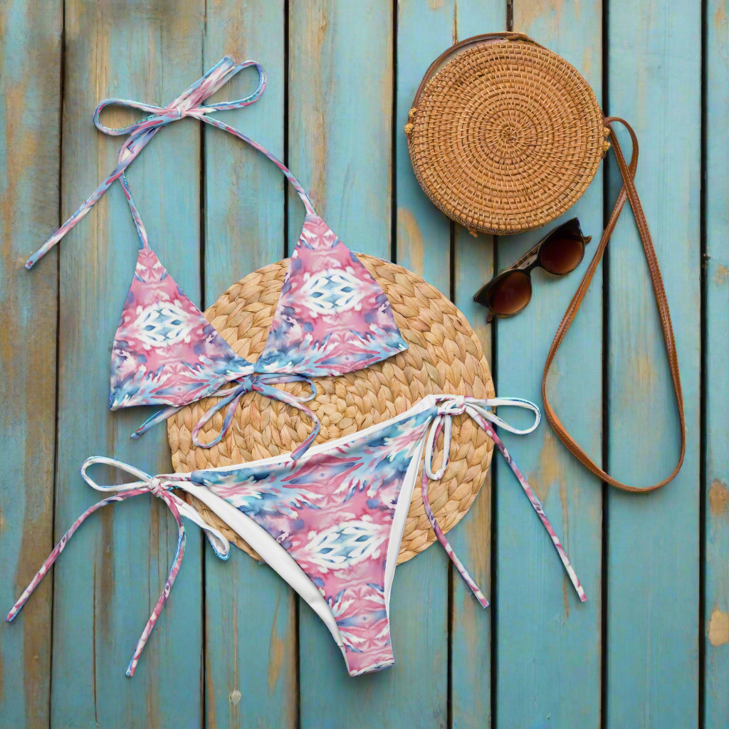 URCHIN Clothes & Swimwear. 'CORAL SEA' Pink and Blue Tie Dye. Recycled String Tie Bikini Set. Choice of Sizes.