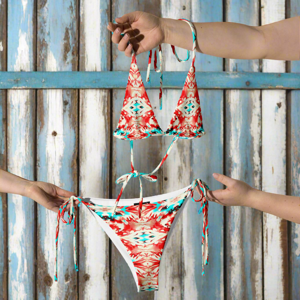 URCHIN Clothes & Swimwear. 'CORAL SEA' Red and Blue Tie Dye. Recycled String Bikini. Choice of Sizes.