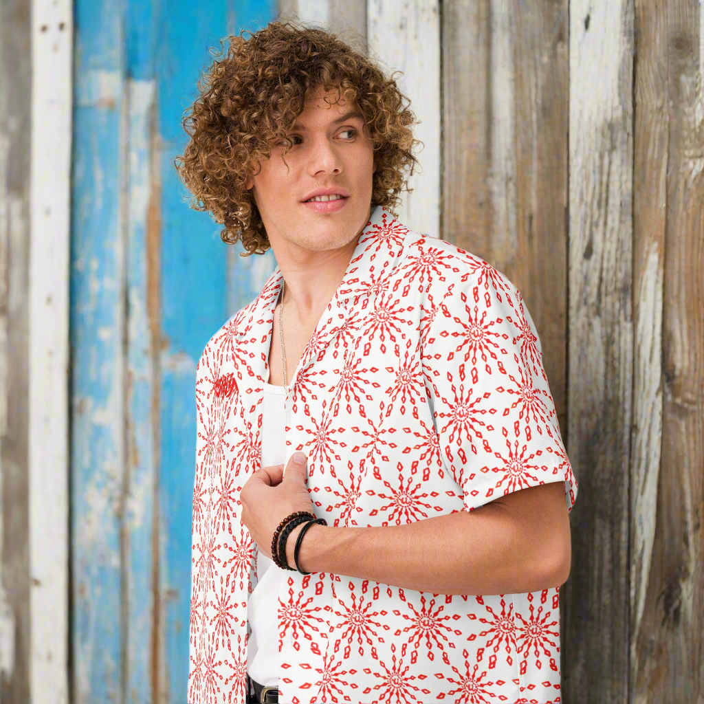 URCHIN 'U FIREWORK'. RED/CLOUD Unisex button shirt. Multiple Sizes.