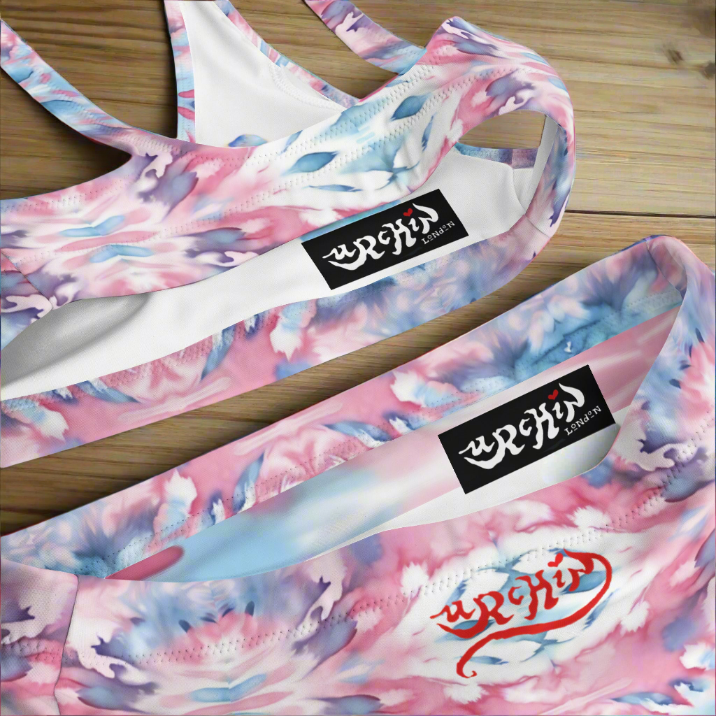 URCHIN-'CORAL SEA' Pink and Blue. Recycled High Waisted Bikini. Choice of Sizes.