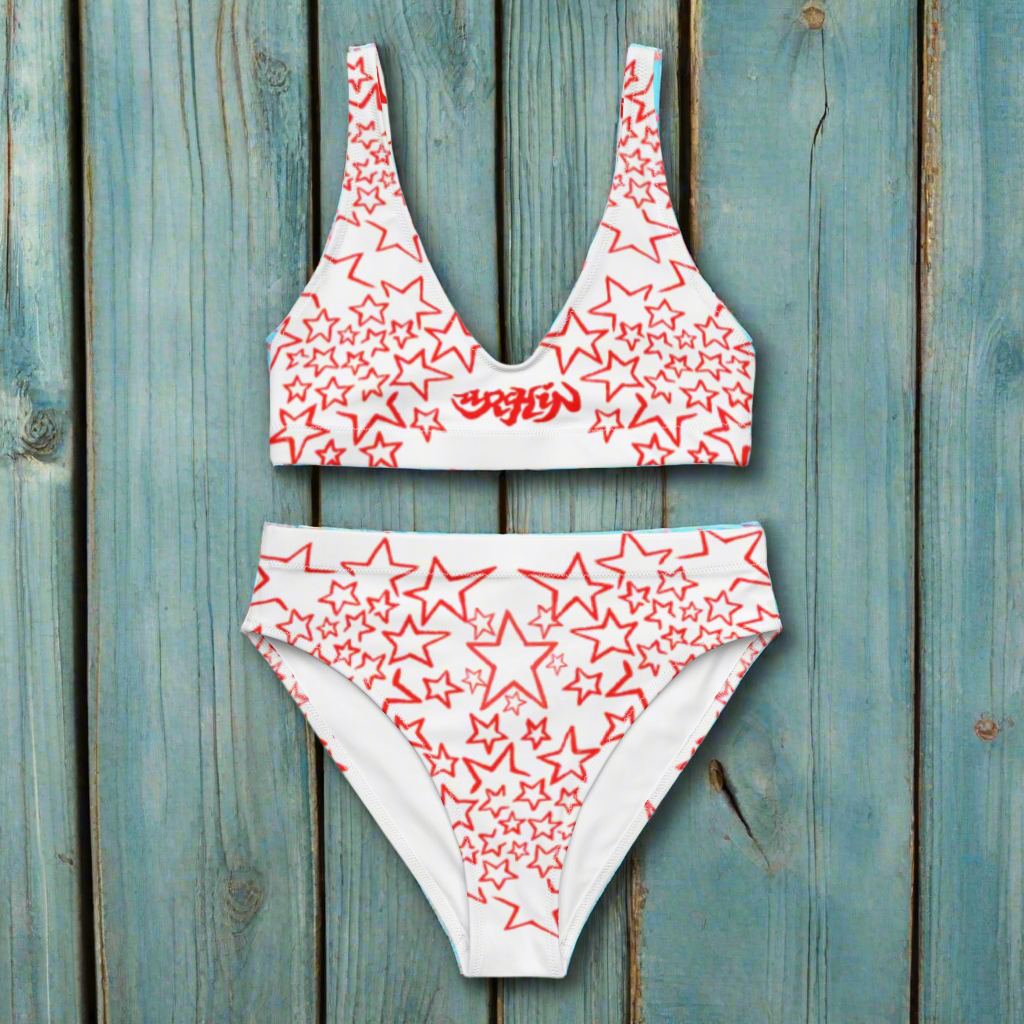 URCHIN Clothes & Swimwear. 'STARS' Red on White. Recycled high-waisted bikini. Choice of Sizes.