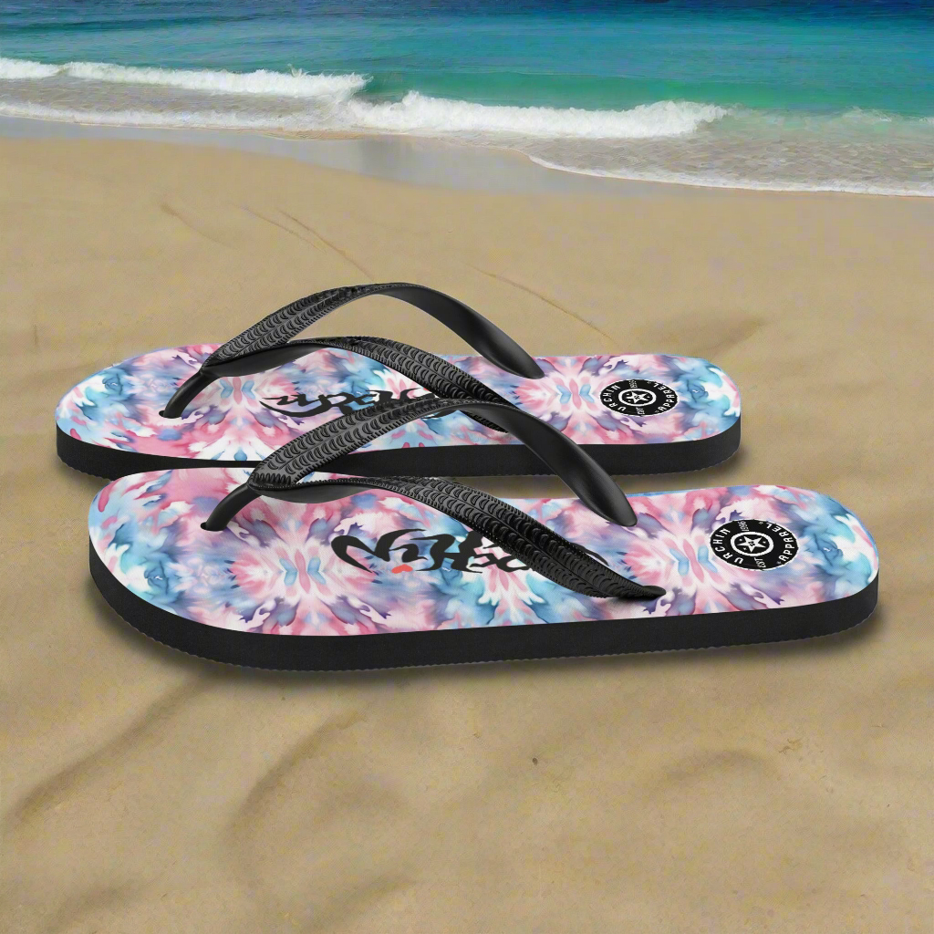URCHIN Footwear. 'CORAL SEA' Pink & Blue Tie Dye. Unisex Flip-Flops. Choice of Sizes.