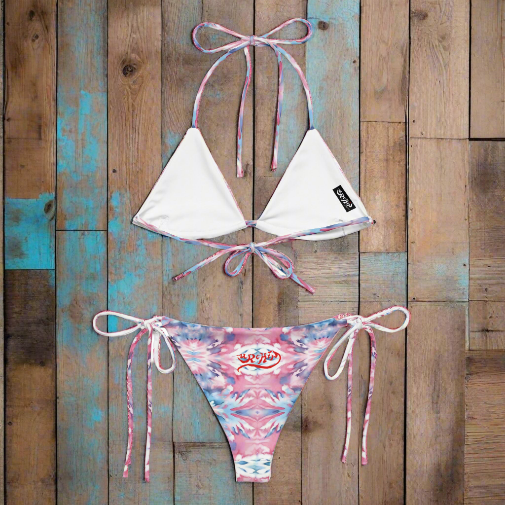 URCHIN Clothes & Swimwear. 'CORAL SEA' Pink and Blue Tie Dye. Recycled String Tie Bikini Set. Choice of Sizes.