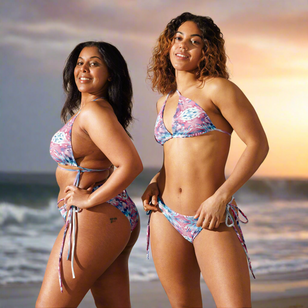 URCHIN Clothes & Swimwear. 'CORAL SEA' Pink and Blue Tie Dye. Recycled String Tie Bikini Set. Choice of Sizes.