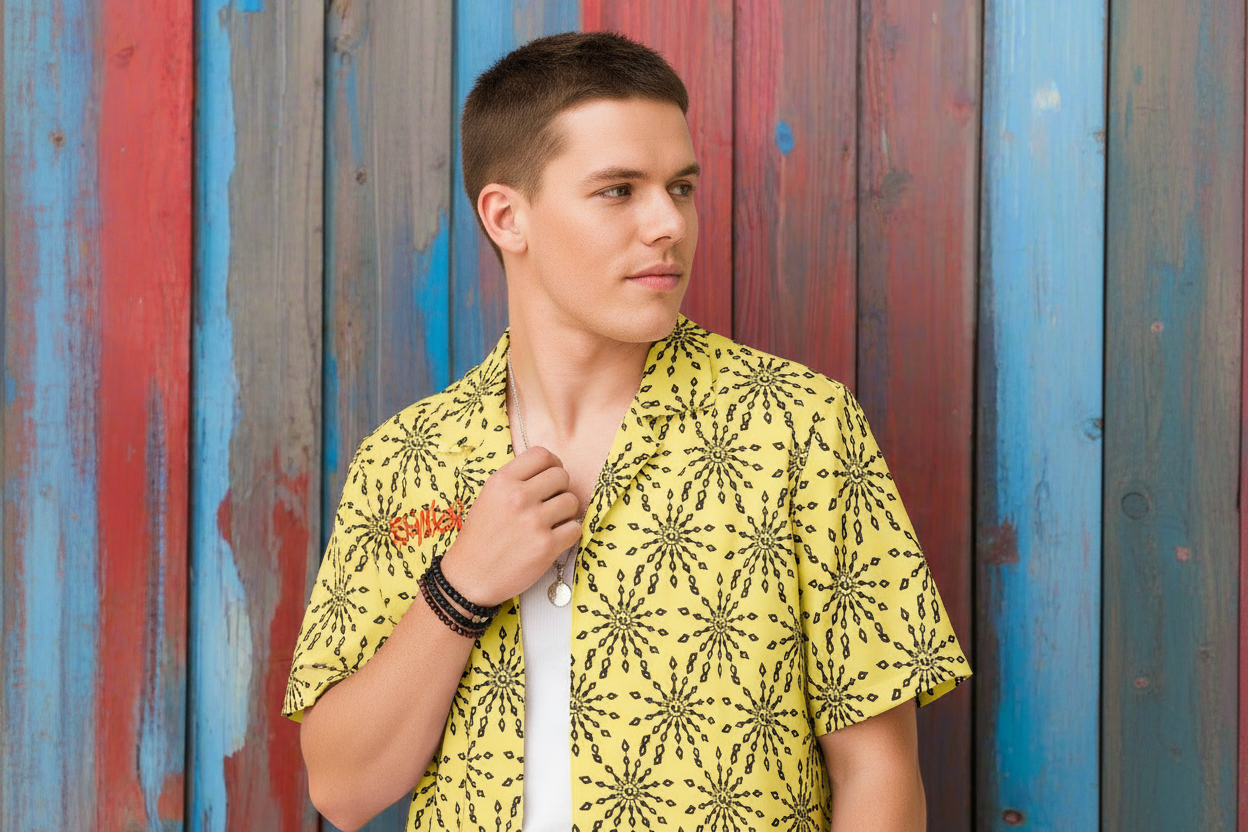 URCHIN 'U FIREWORK'. BLACK/PINEAPPLE Unisex button shirt. Multiple Sizes.