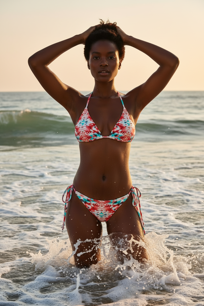 URCHIN-'CORAL SEA' Red and Blue Tie Dye Look. Recycled String Bikini. Choice of Sizes.