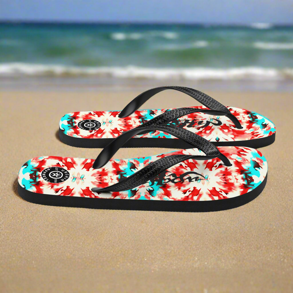 URCHIN Footwear. 'CORAL SEA' Red and Blue Tie Dye. Unisex Flip-Flops. Choice of Sizes.