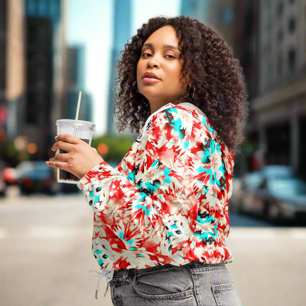 URCHIN Clothes & Sportswear 'CORAL SEA' Red and Blue Tie Dye. Women’s Cropped Windbreaker. Choice of Sizes.