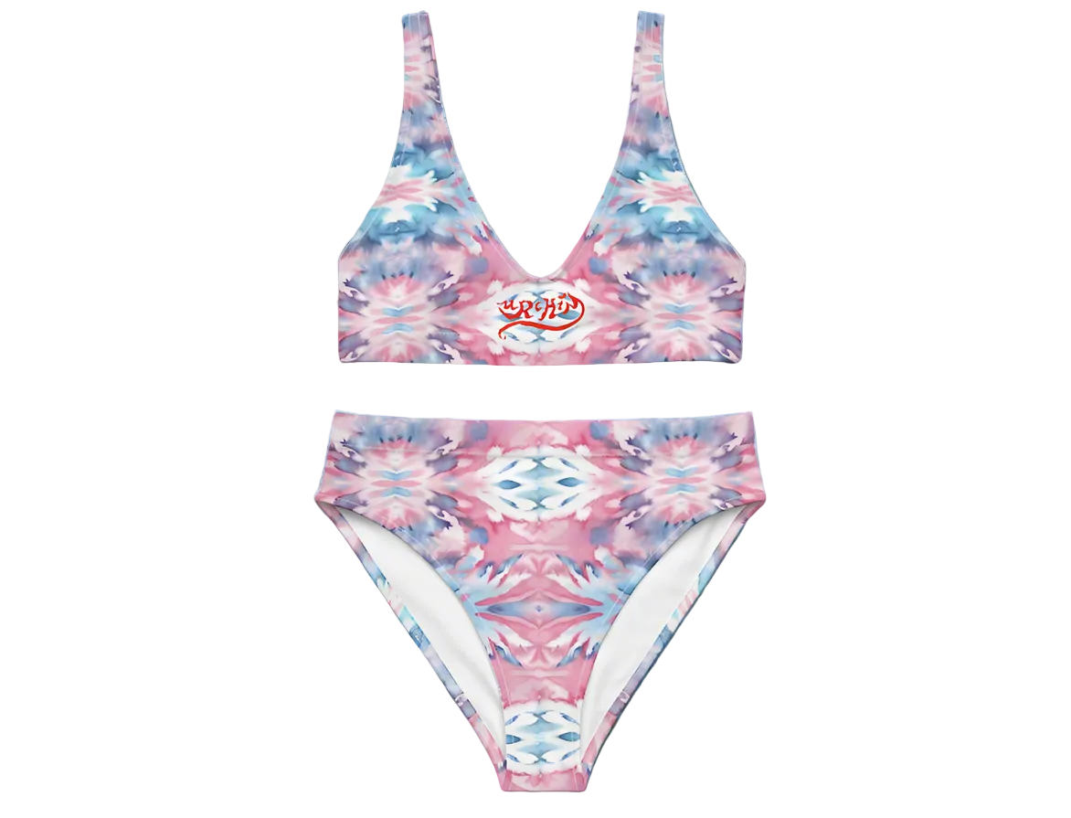 URCHIN-'CORAL SEA' Pink and Blue. Recycled High Waisted Bikini. Choice of Sizes.