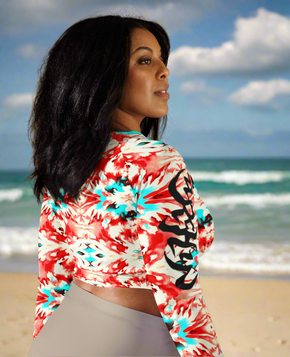 URCHIN Clothes & Sportswear 'CORAL SEA' Red and Blue Tie Dye Womens Recycled Long Sleeve Crop Top. Choice of Sizes.