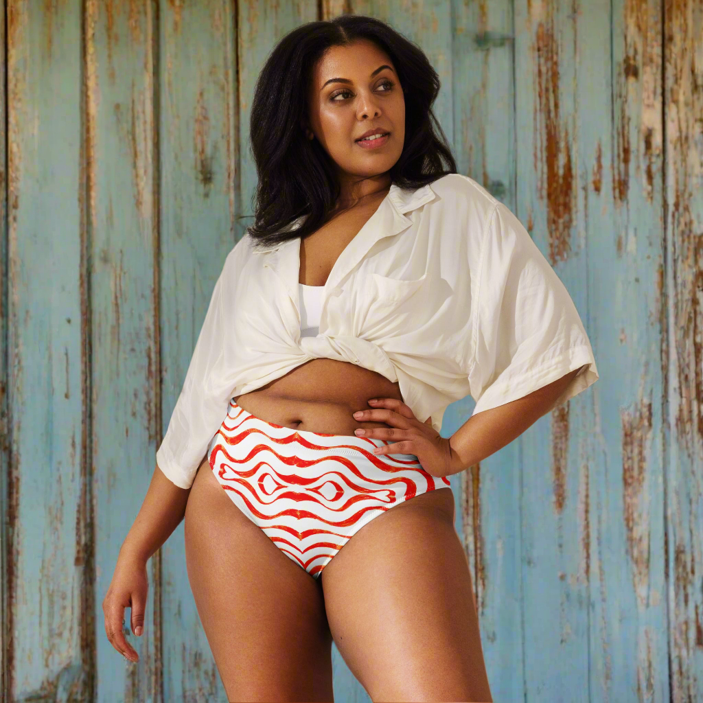 URCHIN Clothes & Swimwear. 'TATTOO WAVE' RED. Recycled high-waisted bikini bottom. Choice of Sizes.
