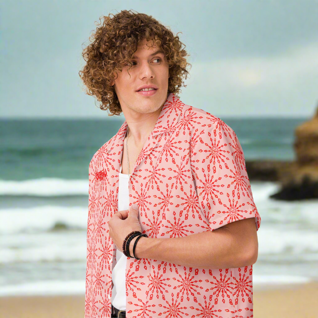 URCHIN 'U FIREWORK'. RED/CORAL Unisex button shirt. Multiple Sizes.