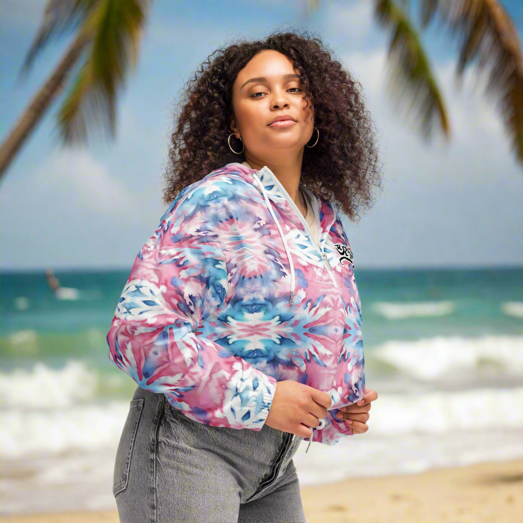 URCHIN Clothes & Sportswear 'CORAL SEA' Pink and Blue Tie Dye. Women’s cropped windbreaker. Choice of Sizes.