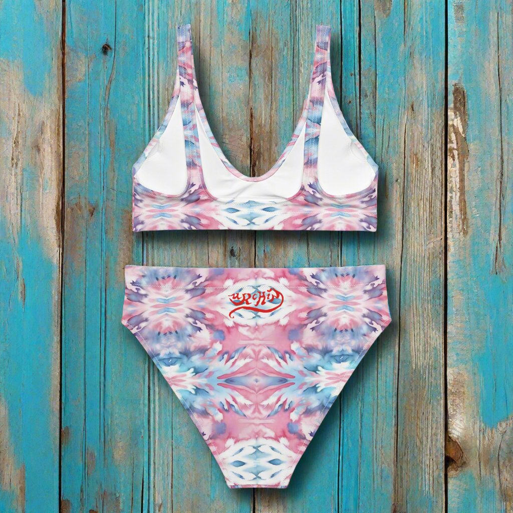 URCHIN-'CORAL SEA' Pink and Blue. Recycled High Waisted Bikini. Choice of Sizes.
