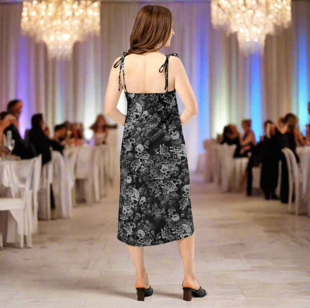 DARK URCHIN-'U Skull Storm' Skulls, Hearts Daggers, & Roses Tattoo Design. Tie-strap midi dress. Colour 'Night' (Black) Choice of Sizes.