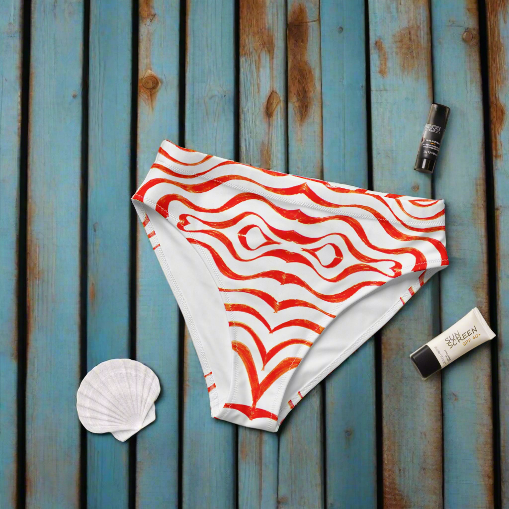 URCHIN Clothes & Swimwear. 'TATTOO WAVE' RED. Recycled high-waisted bikini bottom. Choice of Sizes.