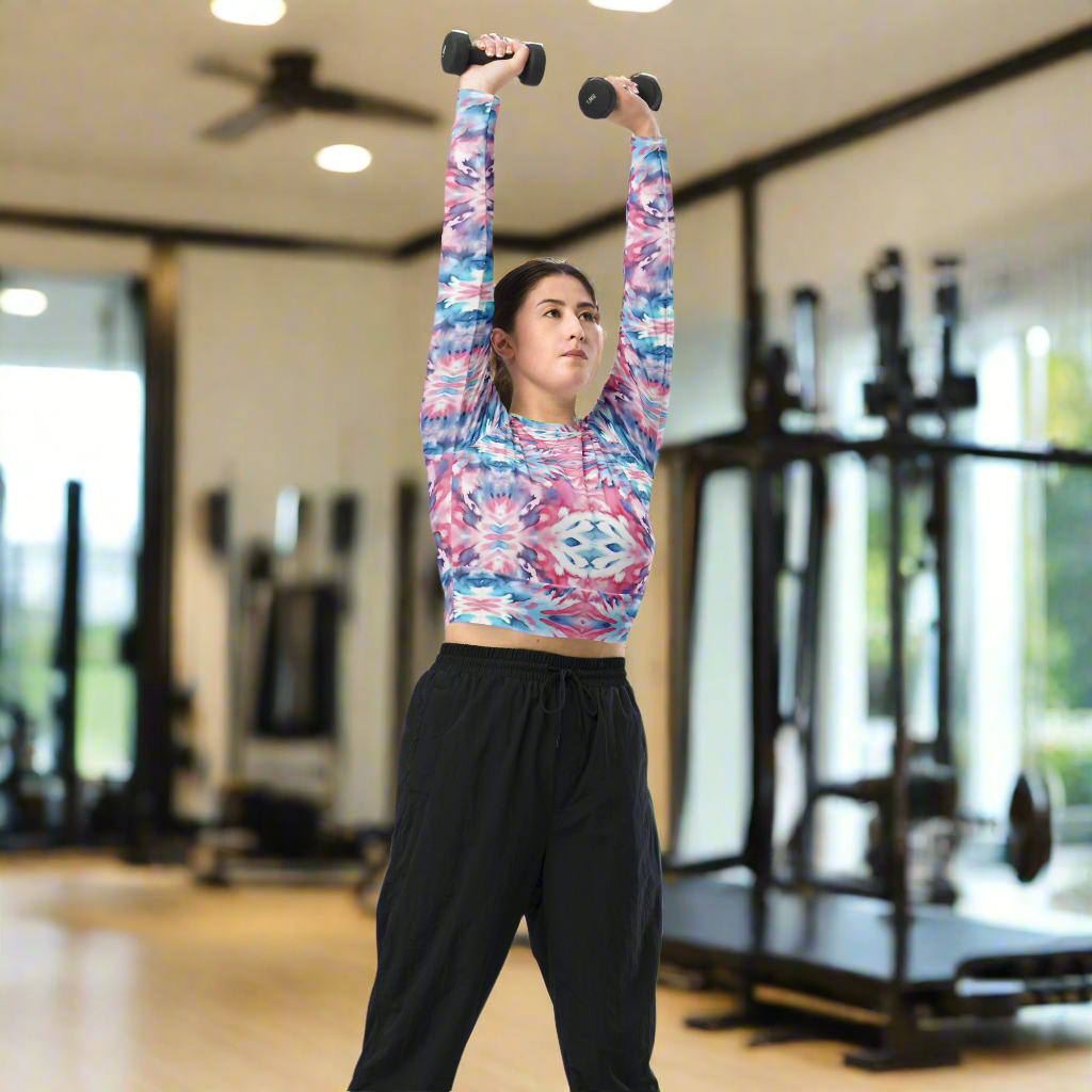 URCHIN Clothes & Sportswear 'CORAL SEA' Pink and Blue Tie Dye. Recycled Long-Sleeve Crop Top. Choice of Sizes.